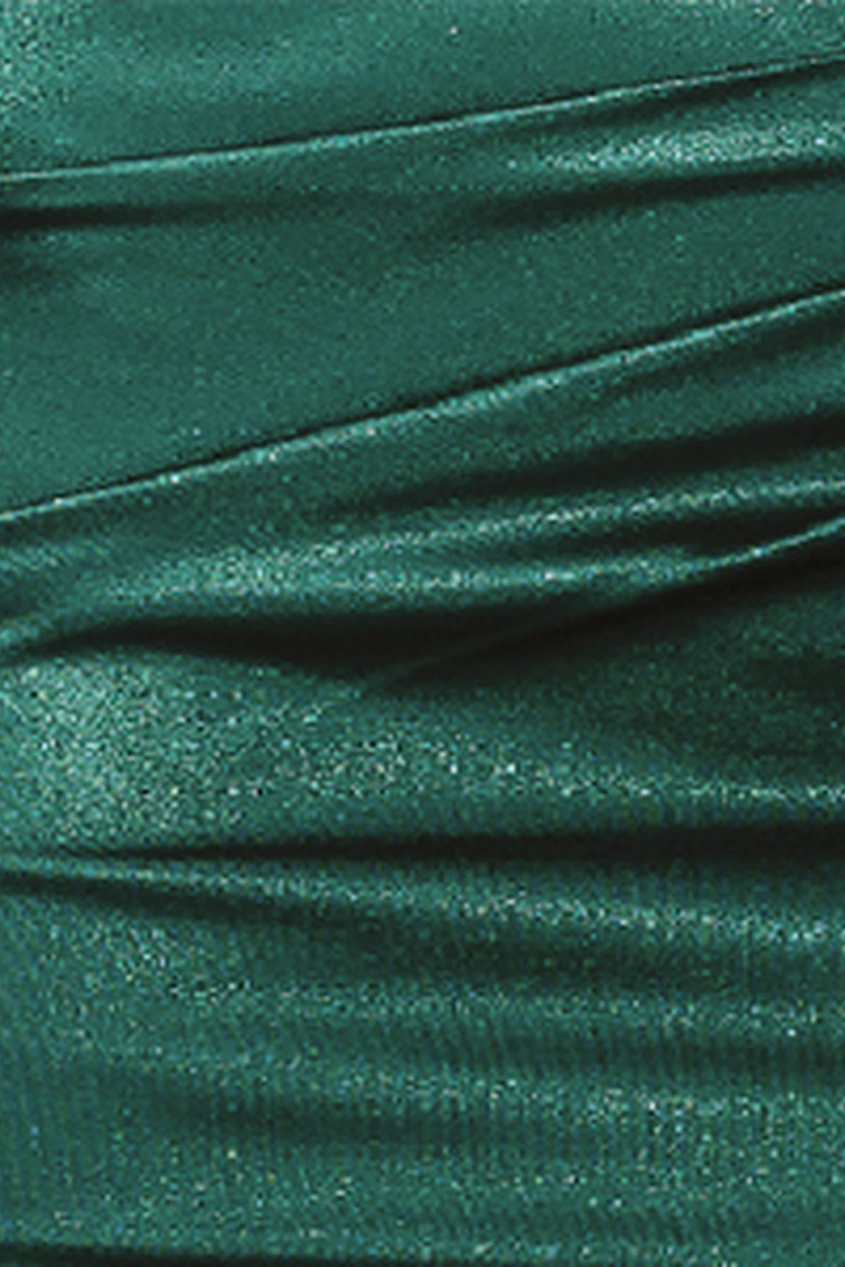 Featuring textured embellishments, this Hunter Green prom dress is shown in detail.