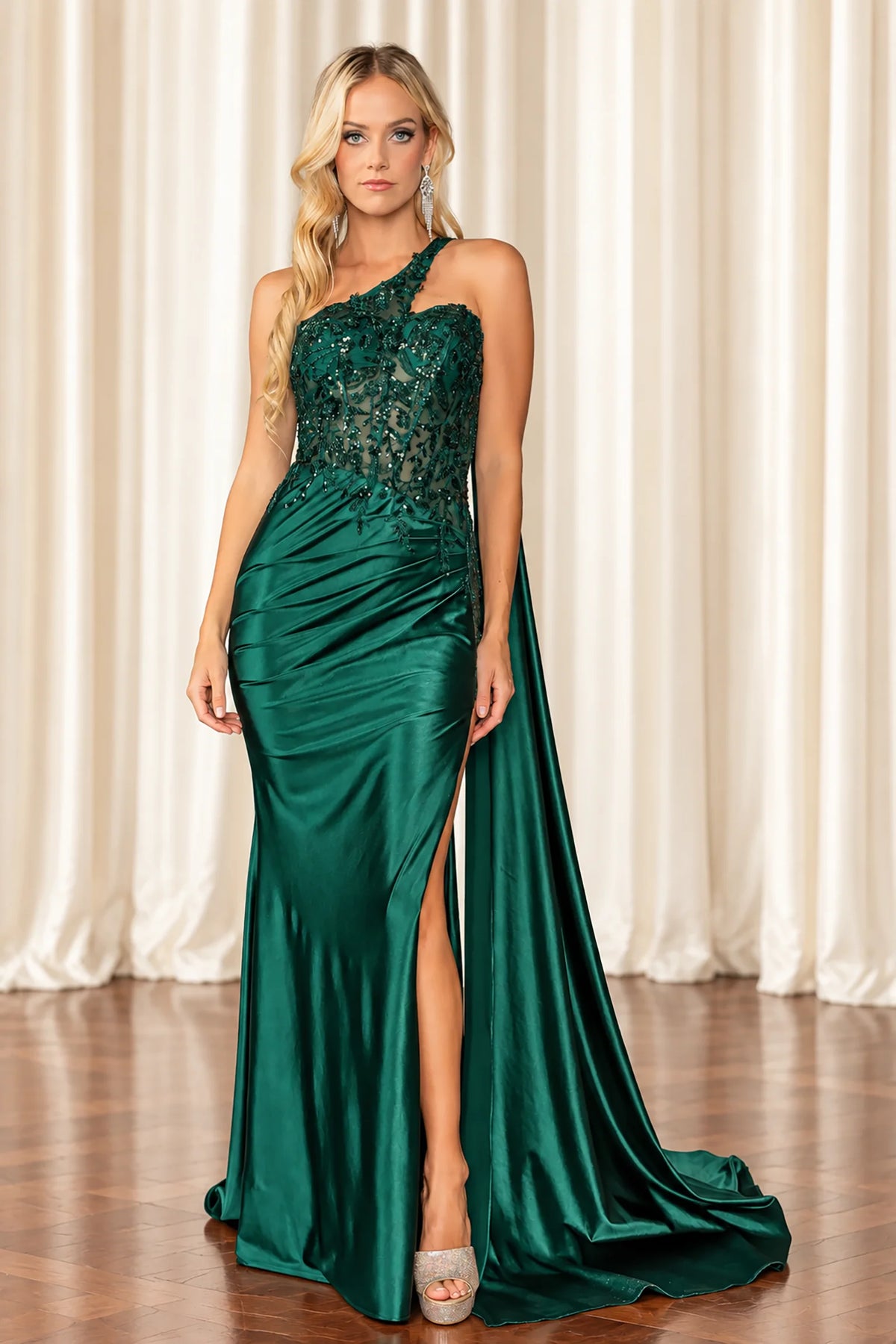 Sheer embroidered bodice and draped slit highlight the Hunter Green Embroidered Prom Dress.