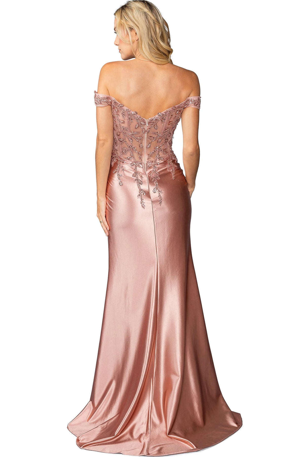 Showing its floor-length skirt, the Rose Gold prom dress highlights the garment construction.