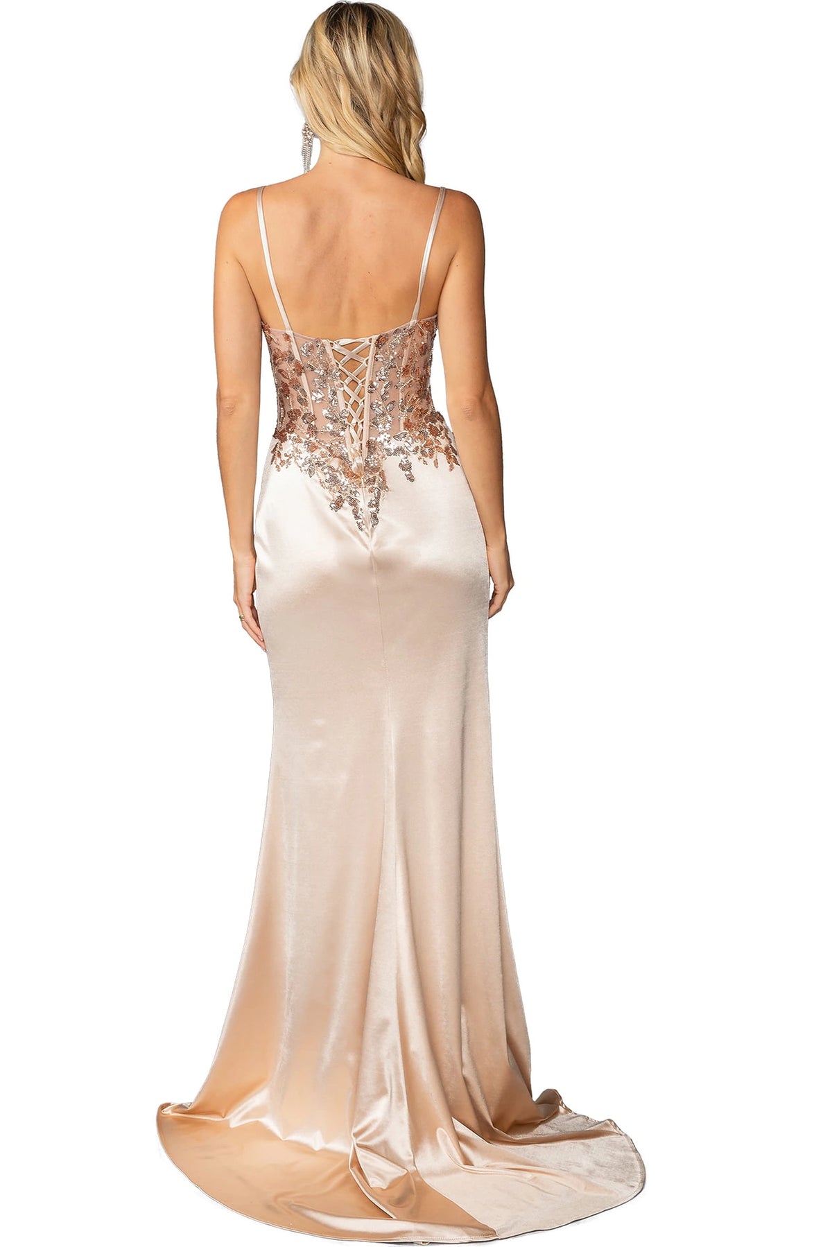 From the back, the Champagne prom dress reveals its floor-length skirt.