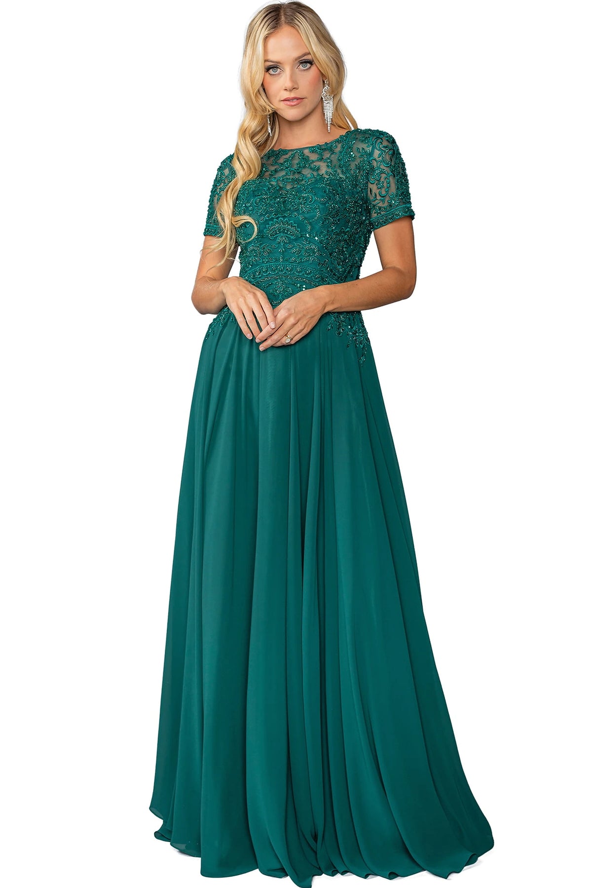 Embellished lace shapes the bodice of this Hunter Green mother of the bride dress with short sleeves.