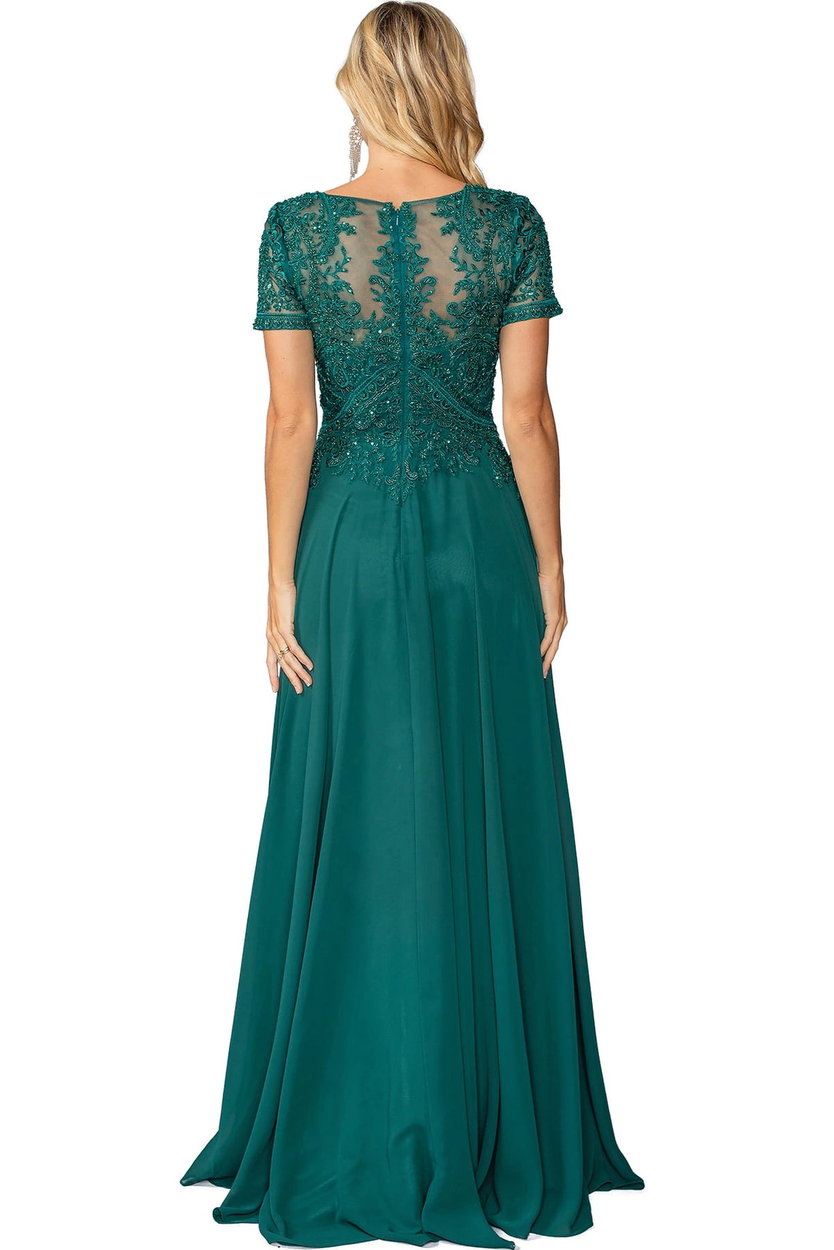 Sheer lace panels define the back of the Hunter Green mother of the bride dress.