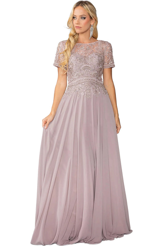Delicate lace decorates the Mocha mother of the bride dress above its flowing chiffon skirt.