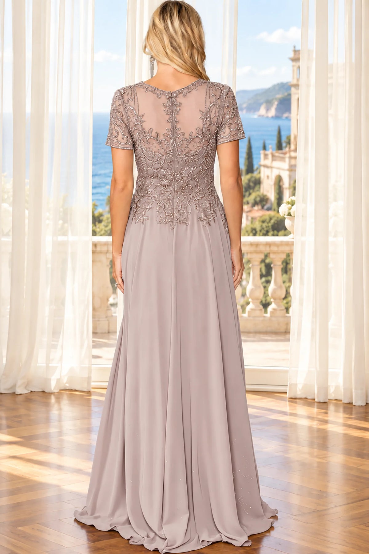 Sheer lace back and flowing skirt complete the Mauve Lace Detailed Prom Dress.