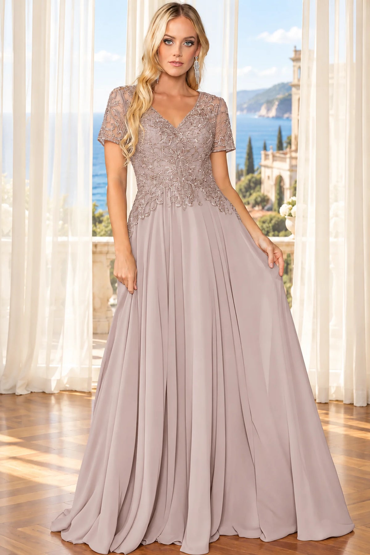Lace sleeves and flowing skirt highlight the Mauve Lace Detailed Prom Dress.