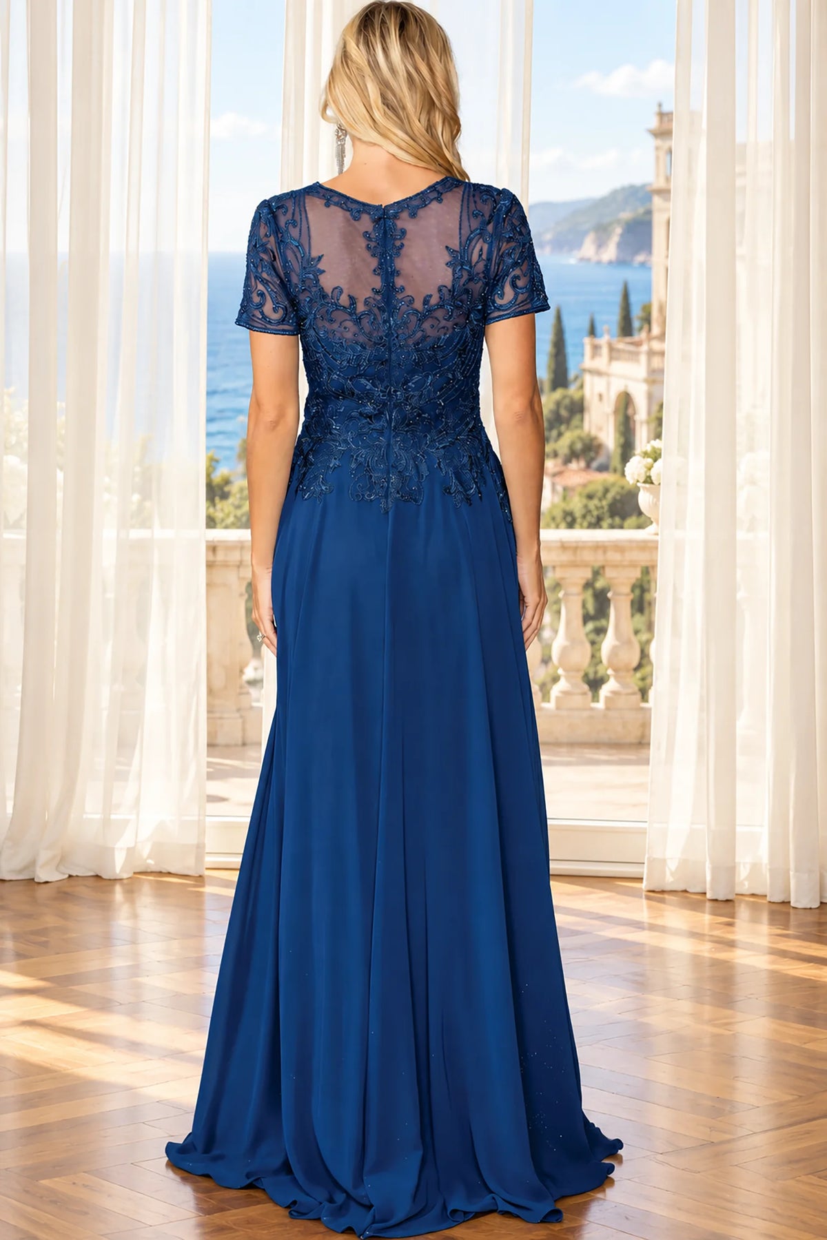 floor-length navy blue evening gown with sheer lace short sleeves and a lace-embellished waist