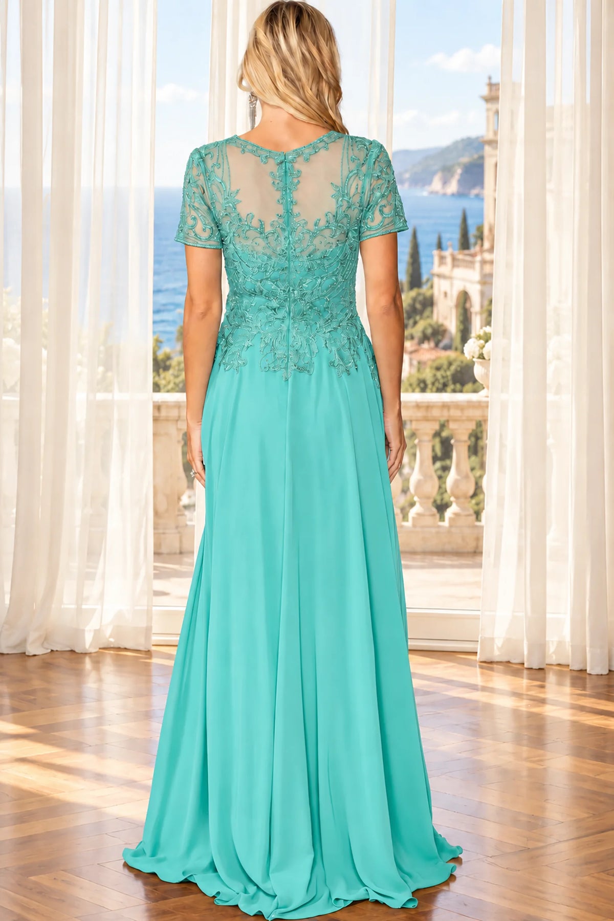 loor-length aqua green evening gown with short lace sleeves and a sheer lace back