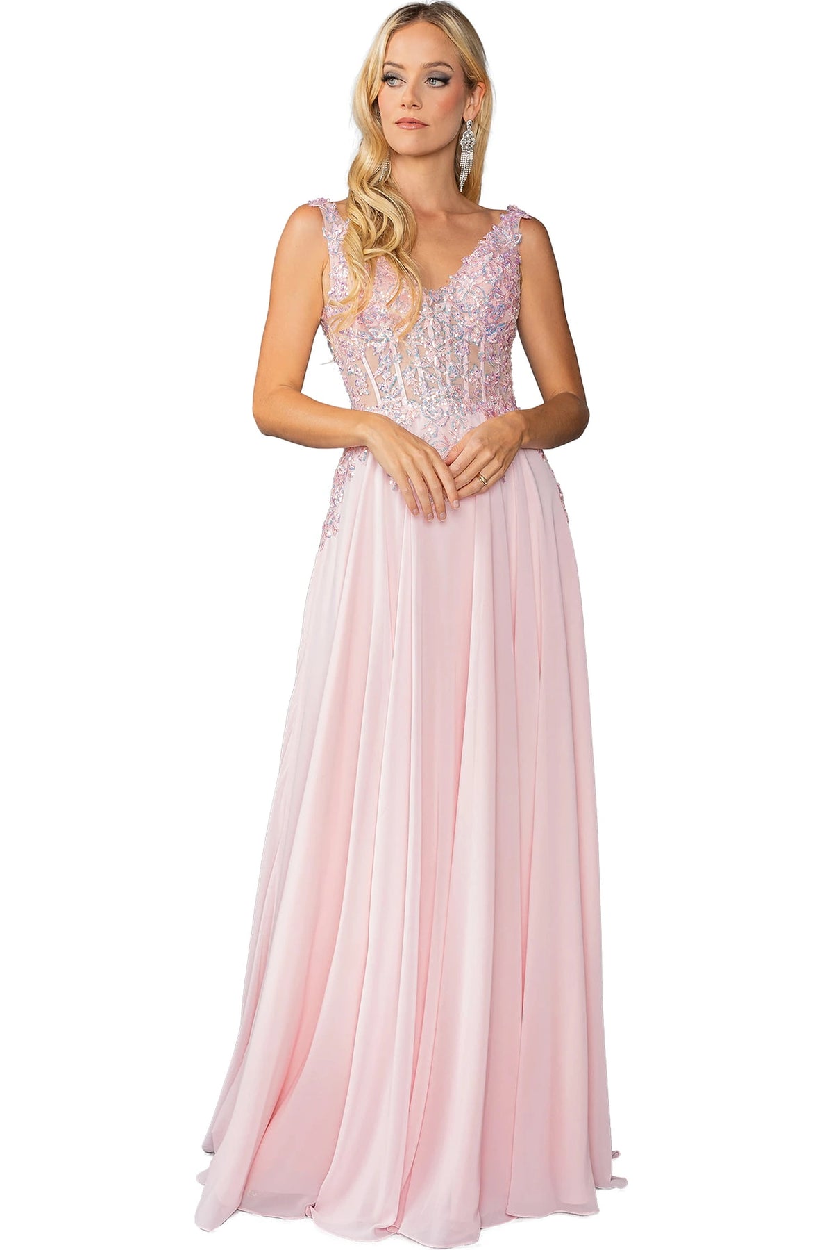 Featuring a floor-length skirt, this Blush prom dress is shown in full view.