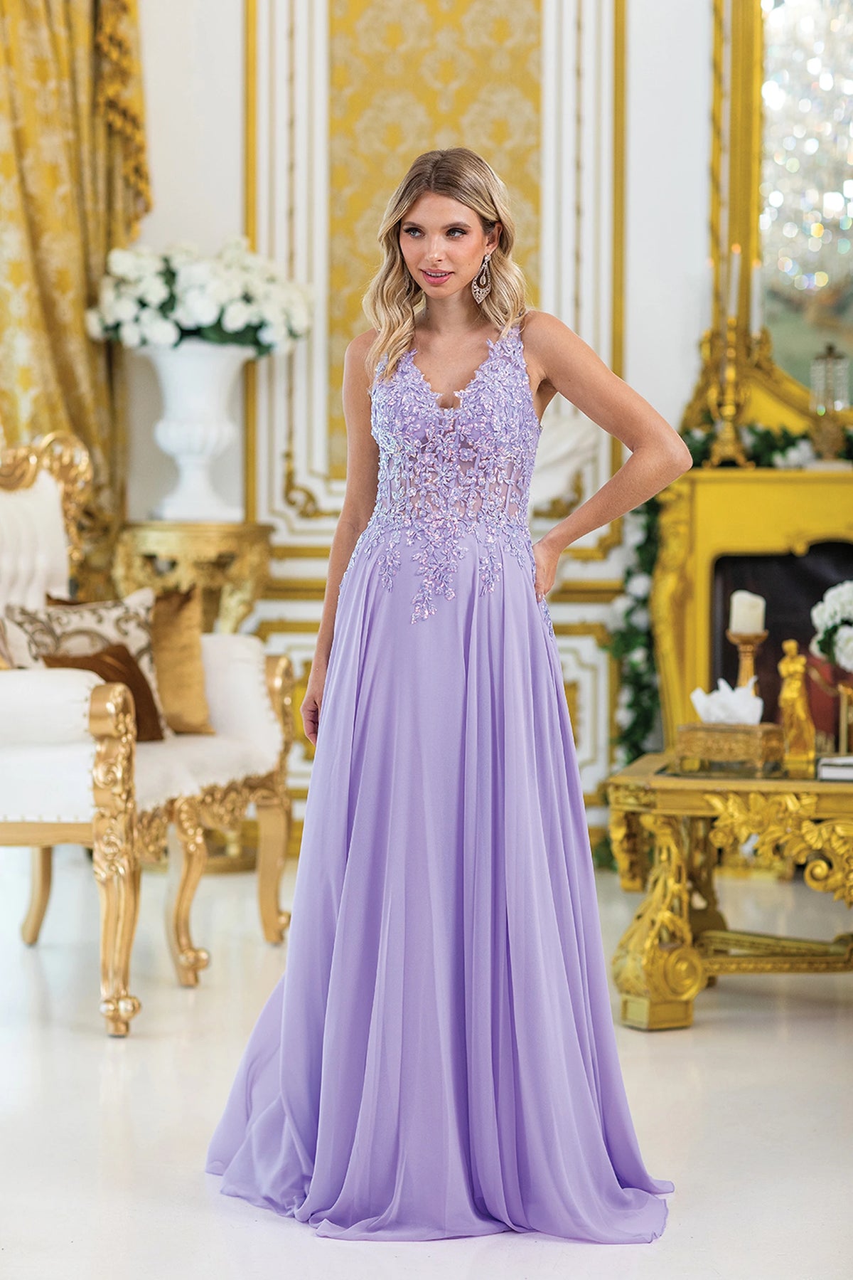Featuring a floor-length skirt, this Lilac prom dress is shown in full view.