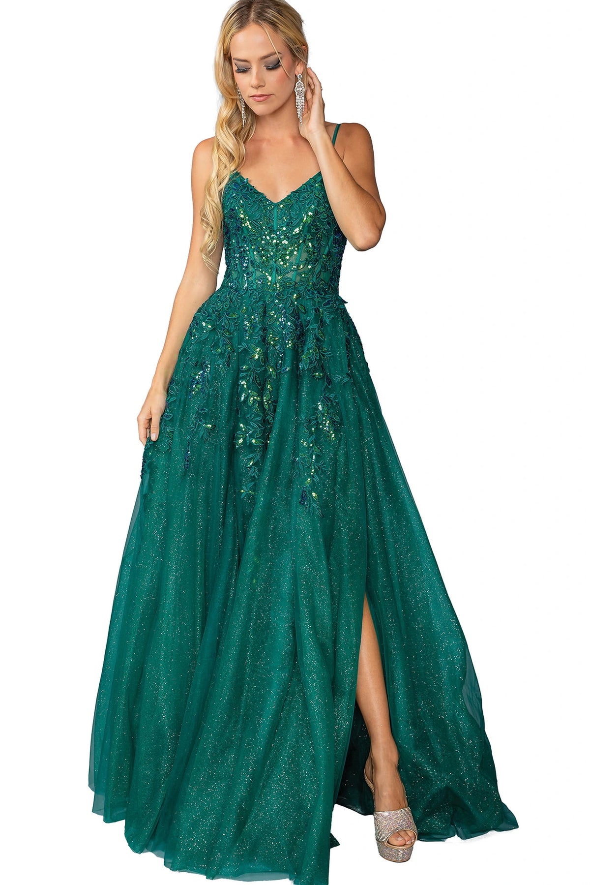 Featuring a floor-length skirt, this Hunter Green prom dress is shown in full view.