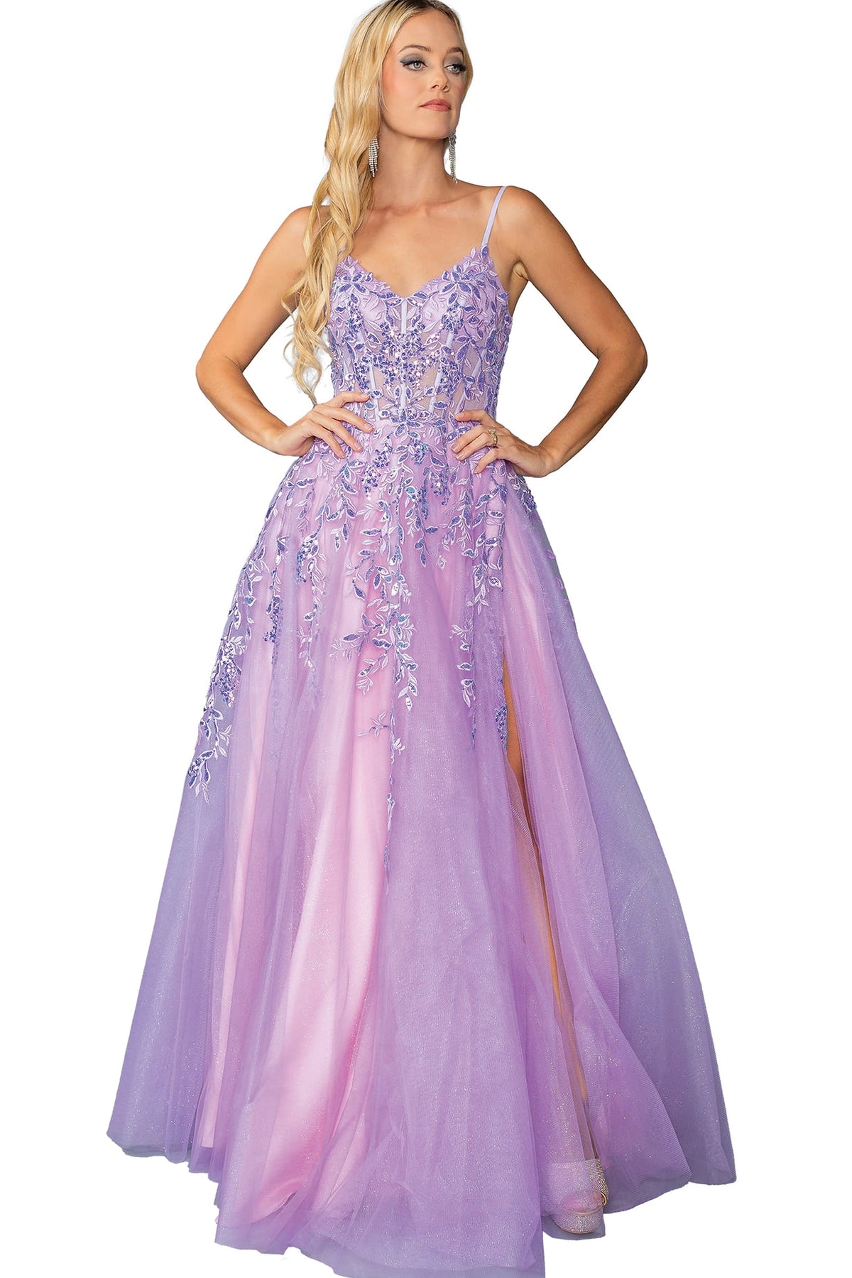 Featuring a floor-length skirt, this Lilac prom dress is shown in full view.