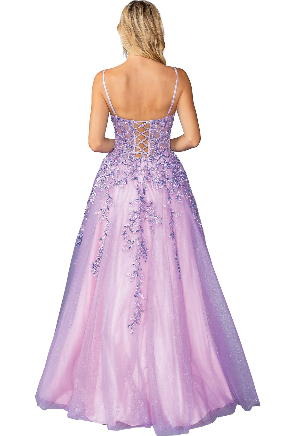 From the back, the Lilac prom dress reveals its floor-length skirt.