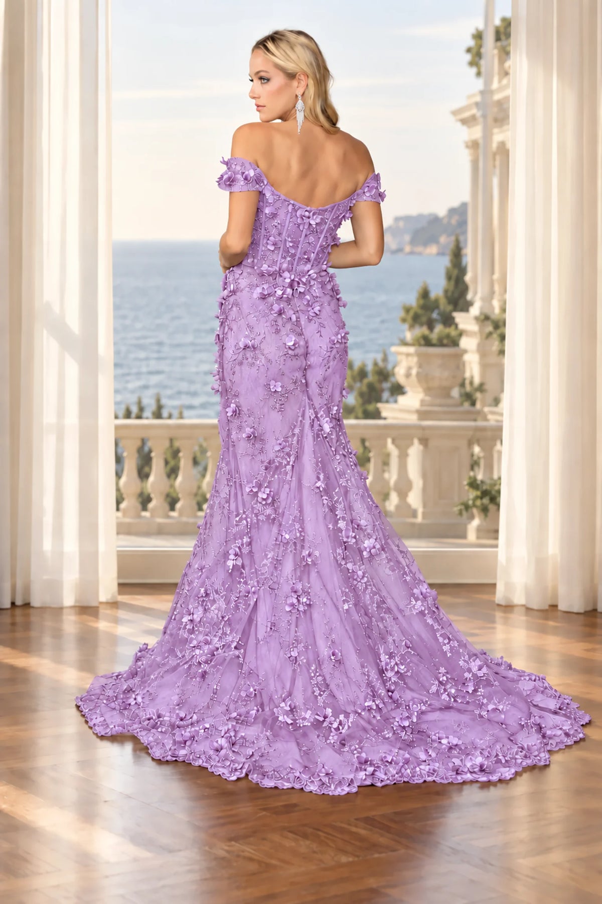 Floral appliqués and a sweeping train complete the Lilac Off-the-Shoulder Floral Applique Prom Dress.