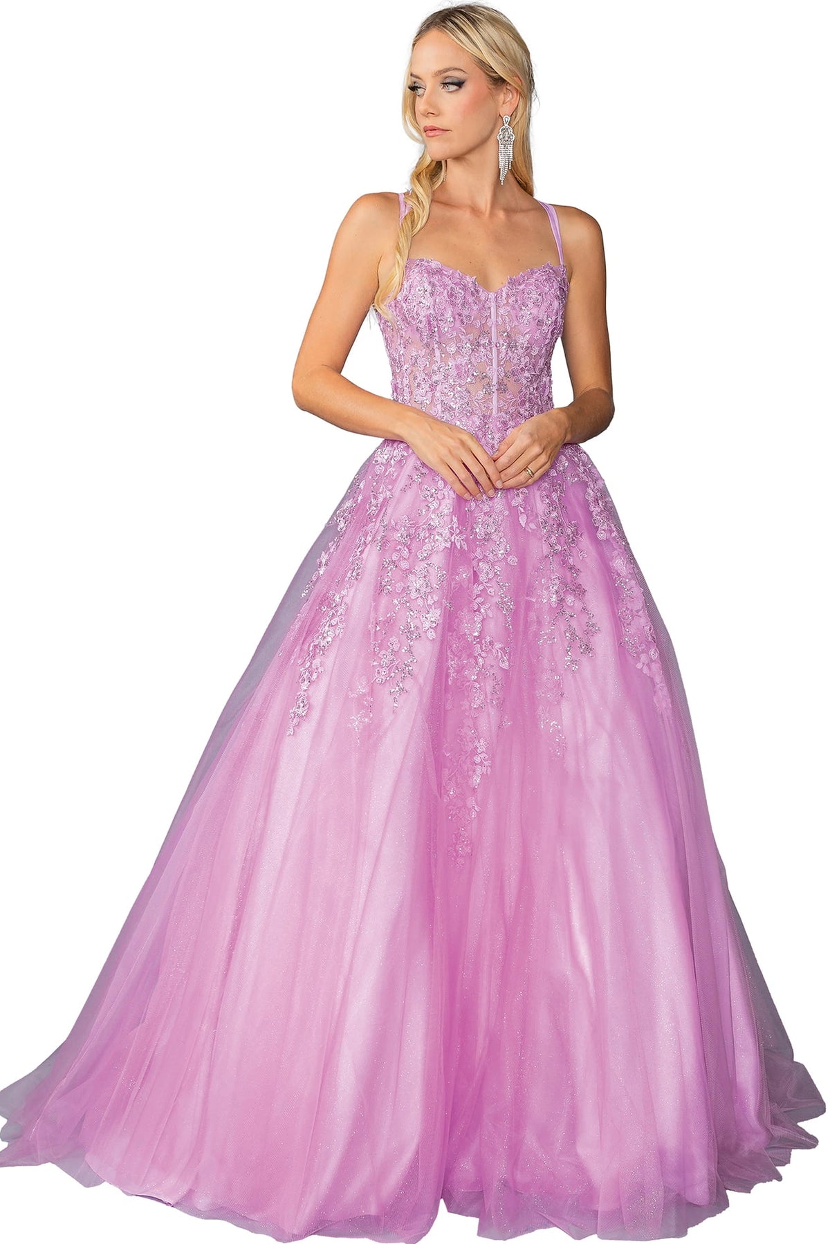 Featuring a floor-length skirt, this Lilac prom dress is shown in full view.