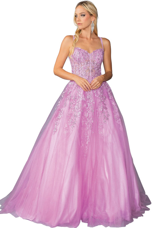 Featuring a floor-length skirt, this Lilac prom dress is shown in full view.