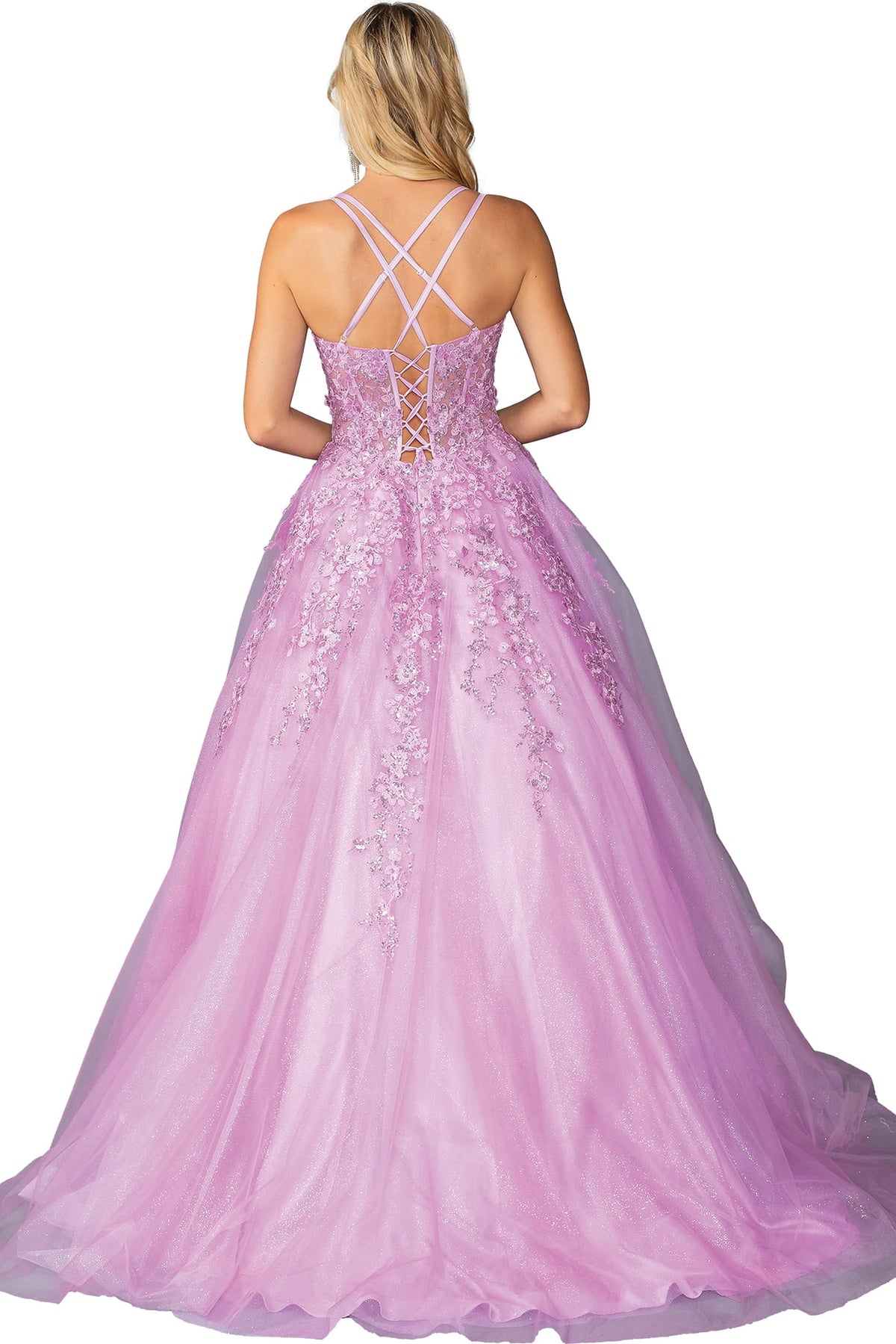 From the back, the Lilac prom dress reveals its floor-length skirt.