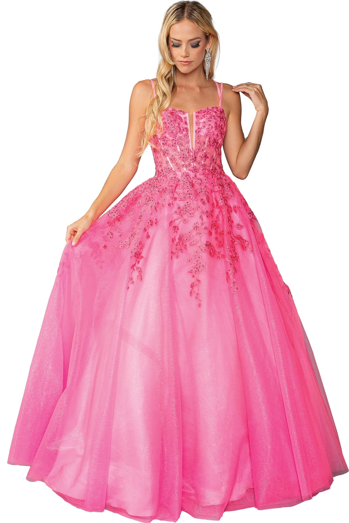 Featuring a floor-length skirt, this Hot Pink prom dress is shown in full view.