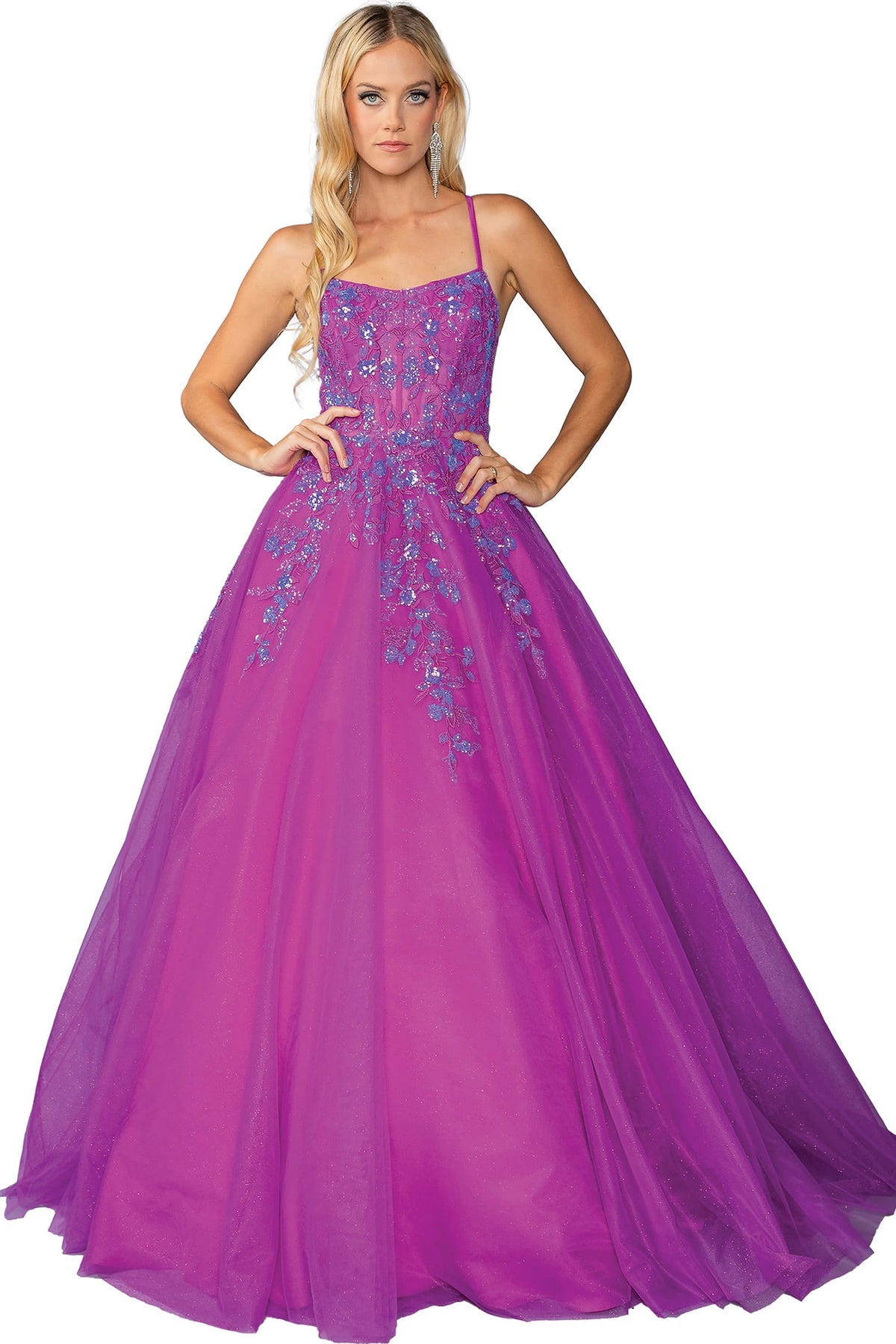 Featuring a floor-length skirt, this Magenta prom dress is shown in full view.