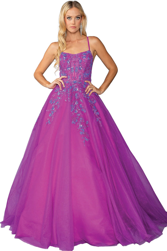 Featuring a floor-length skirt, this Magenta prom dress is shown in full view.