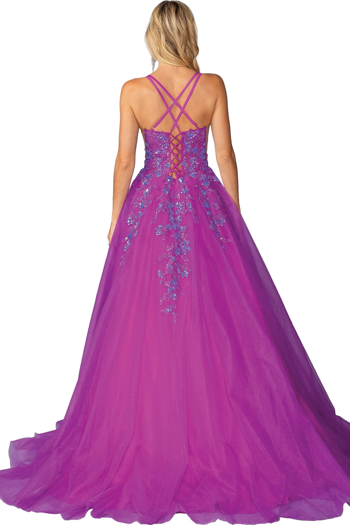 From the back, the Magenta prom dress reveals its floor-length skirt.