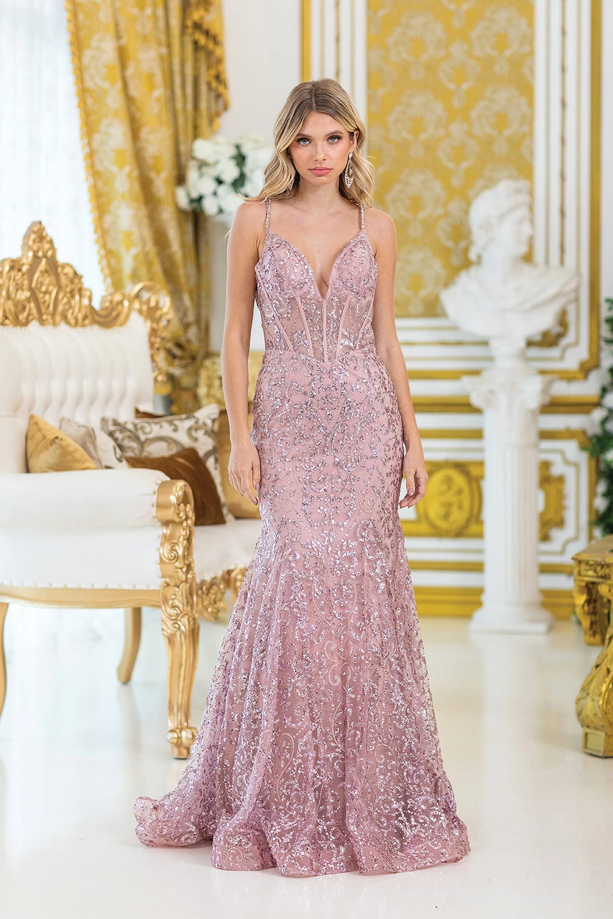Featuring a floor-length skirt, this Rose Gold prom dress is shown in full view.
