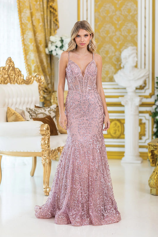 Featuring a floor-length skirt, this Rose Gold prom dress is shown in full view.