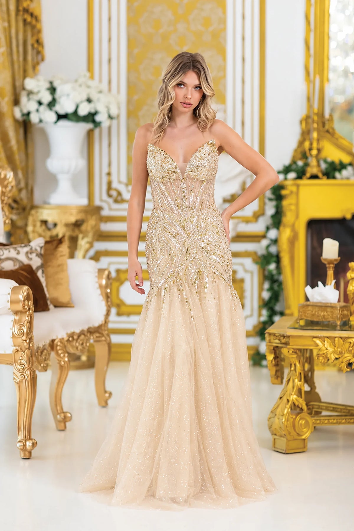 Sequin bodice and full skirt highlight the Champagne Sequin Embellished Prom Dress.