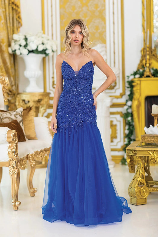 Featuring a floor-length skirt, this Royal Blue prom dress is shown in full view.