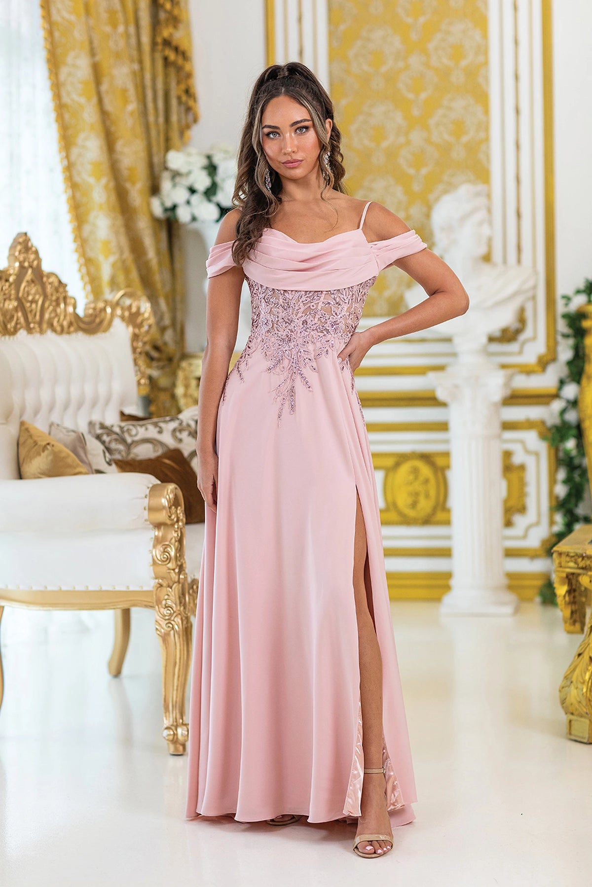 Featuring a floor-length skirt, this Blush prom dress is shown in full view.