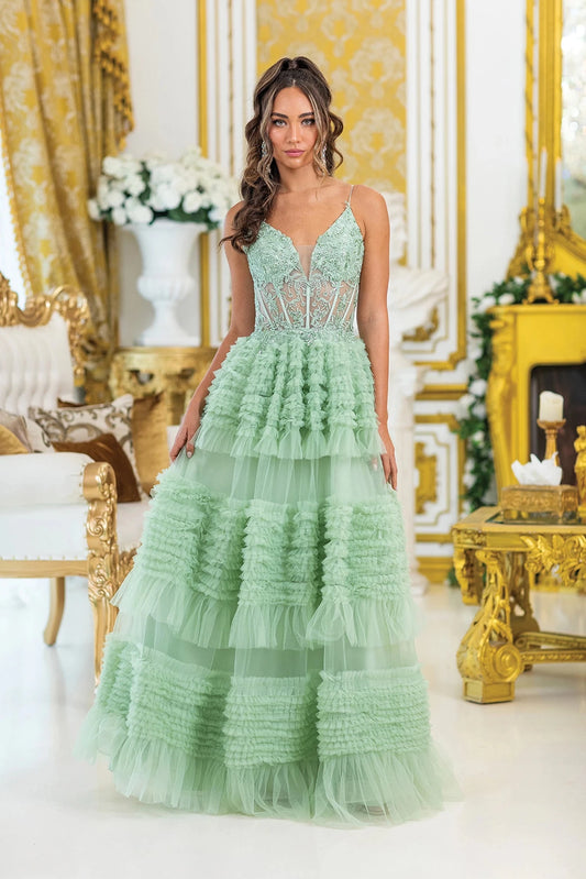 Featuring a floor-length skirt, this Sage prom dress is shown in full view.