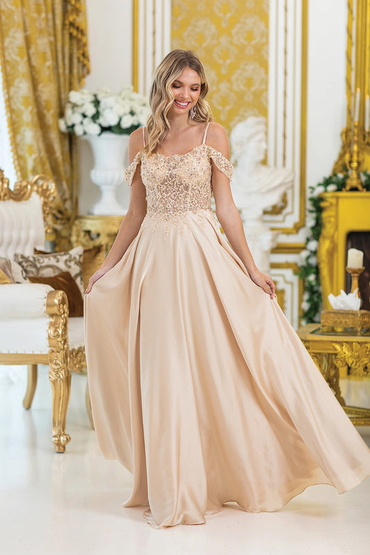 Featuring a floor-length skirt, this Champagne prom dress is shown in full view.