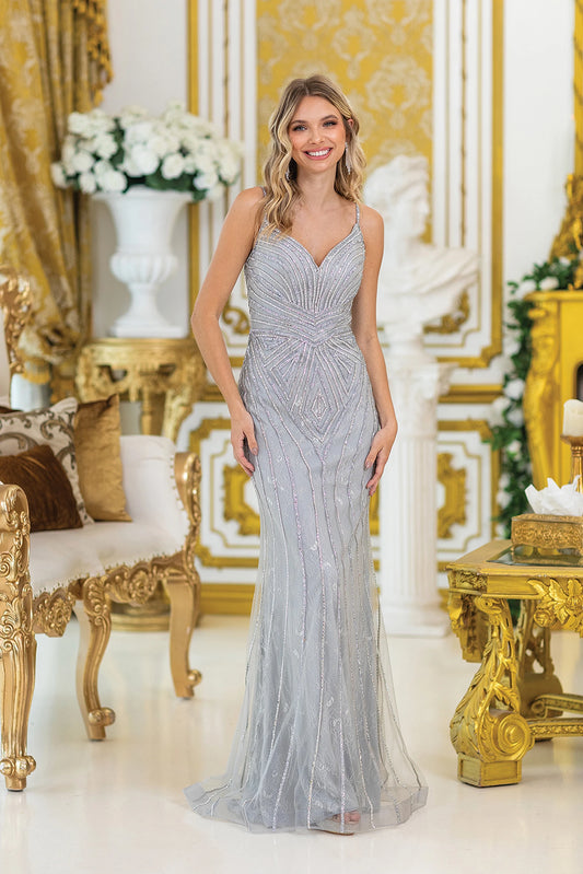 Featuring a floor-length skirt, this Silver prom dress is shown in full view.