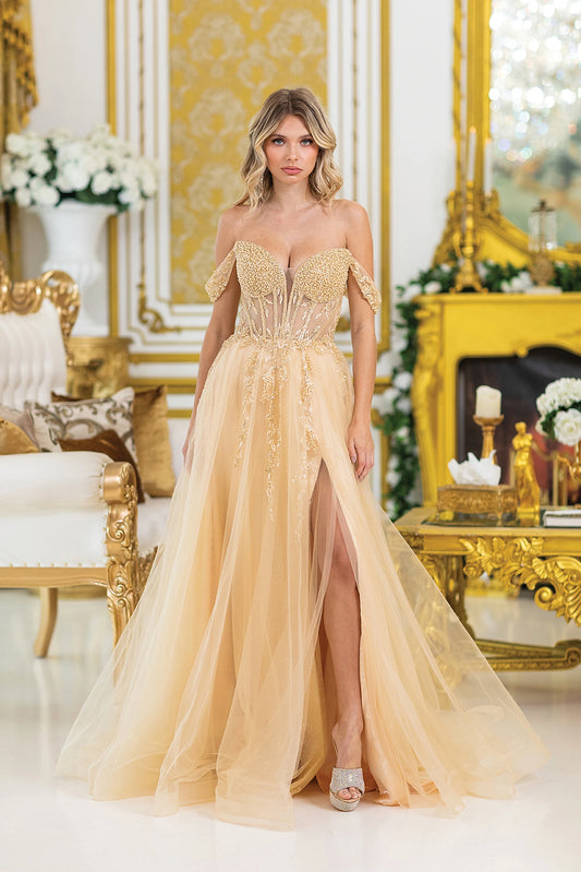 Featuring a floor-length skirt, this Champagne prom dress is shown in full view.