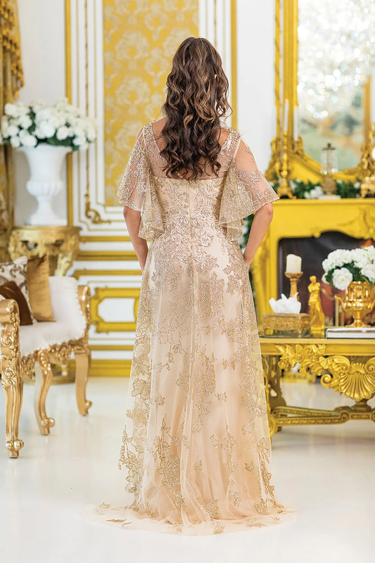 Champagne evening dress completed with zipper back closure