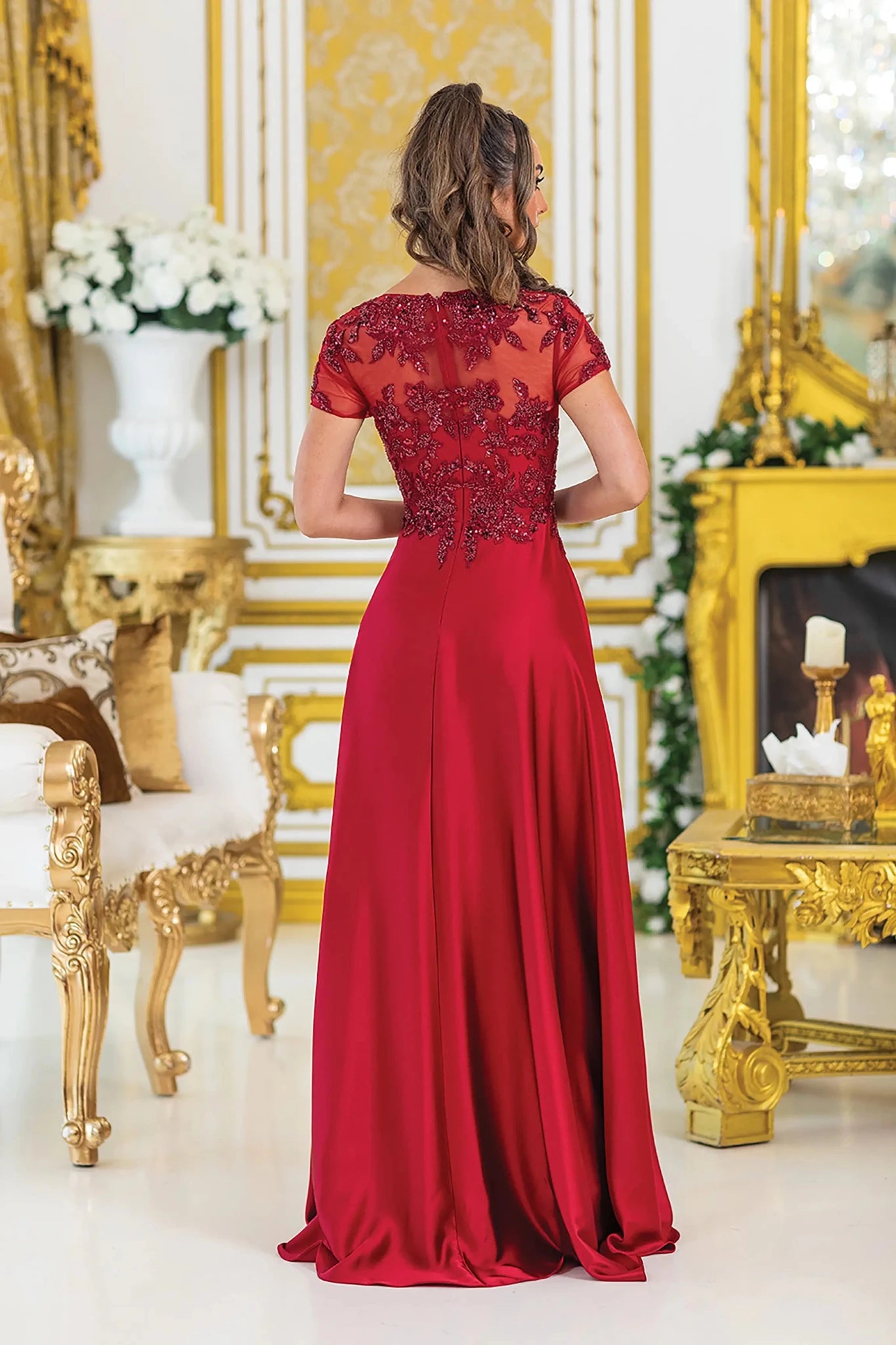 Elegant Burgundy A-Line Prom Dress with Floral Lace Appliqué Details 2XL / Burgundy