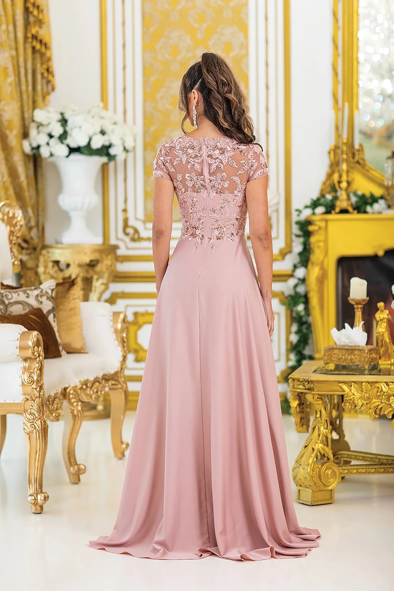 Back full Length view of Enchanting Rose Gold A-Line Lace Prom Dress with Sleeves