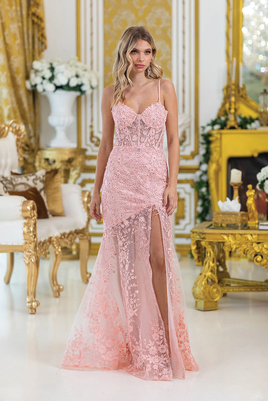 Featuring a floor-length skirt, this Blush prom dress is shown in full view.
