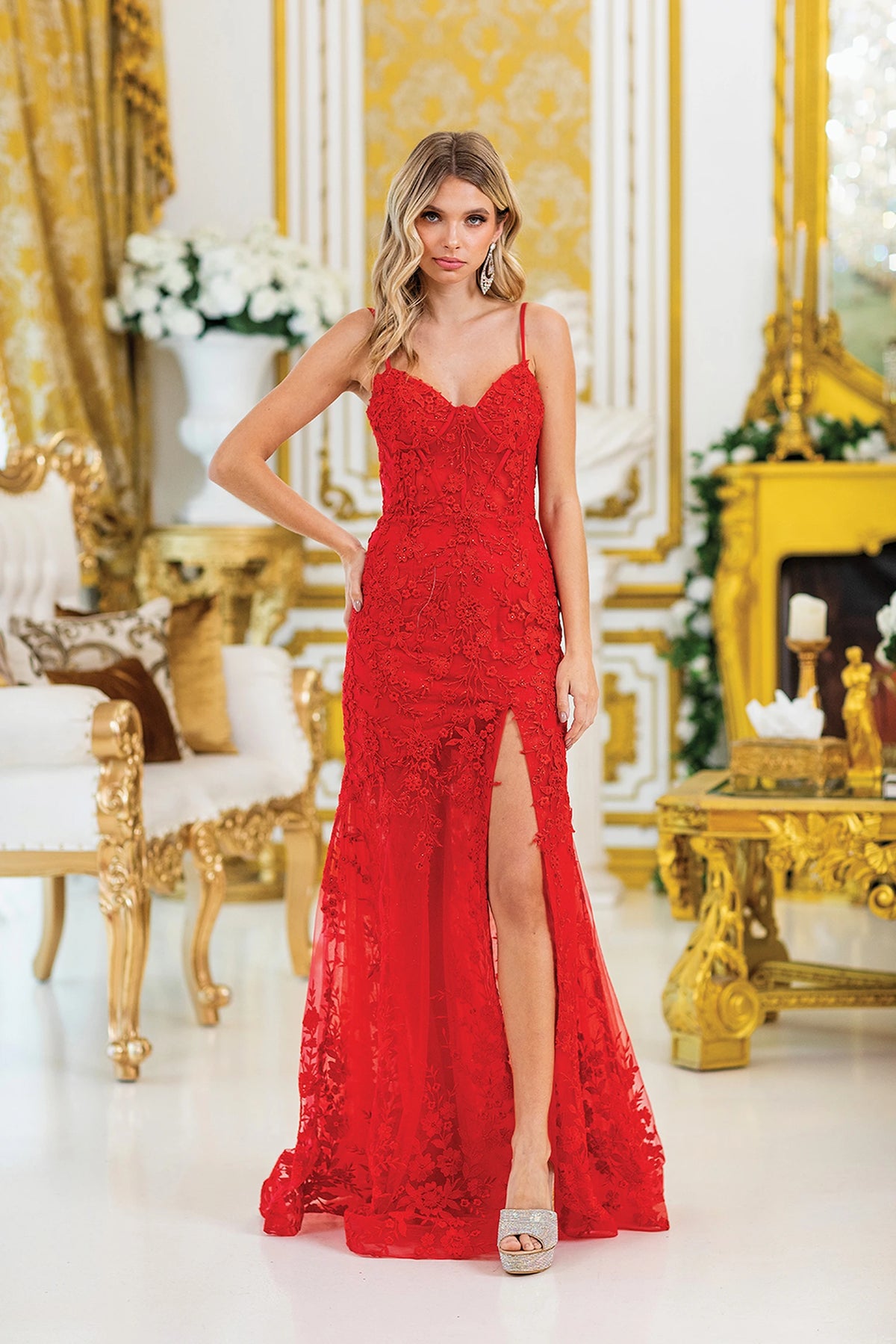 Featuring a floor-length skirt, this Red prom dress is shown in full view.