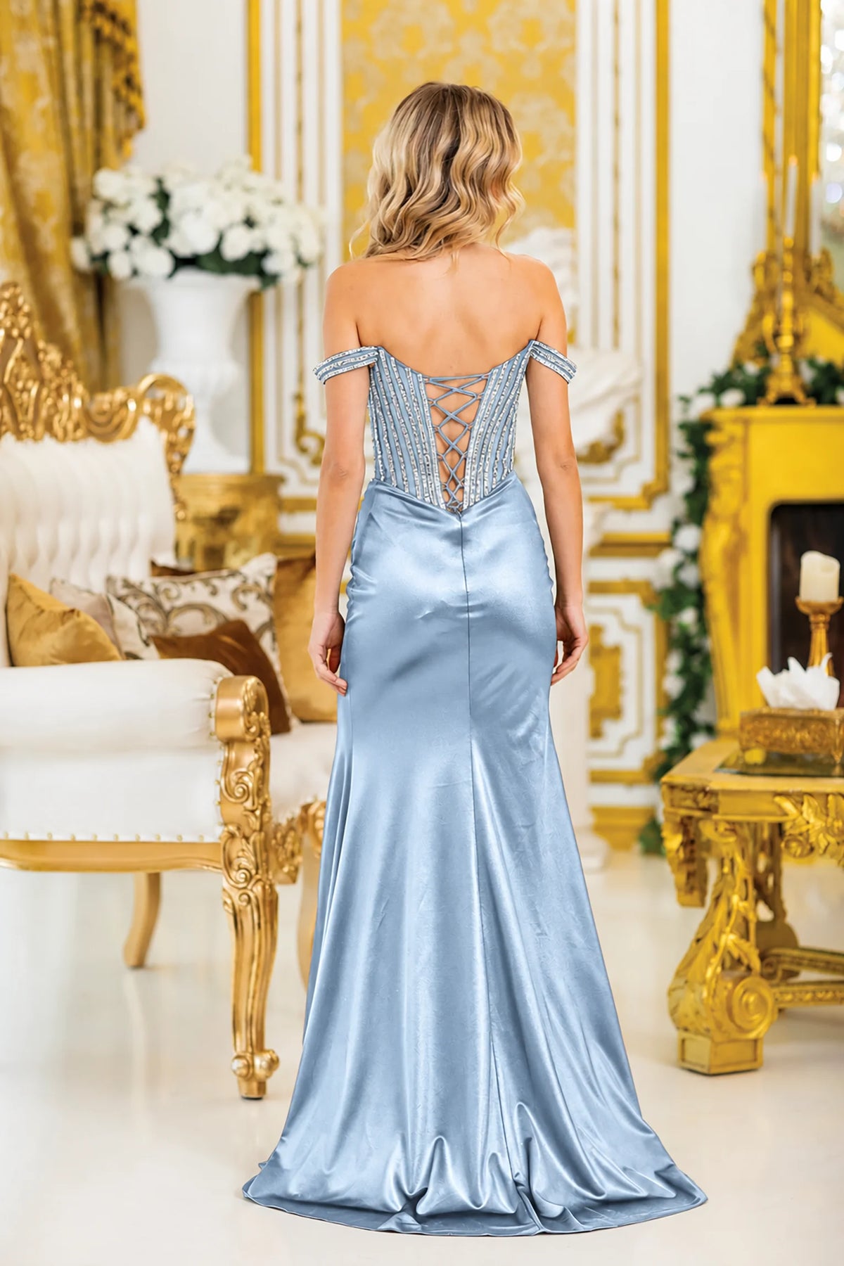 Lace-up back and sweeping train complete the Dusty Blue Prom Dress with Beaded Bodice.
