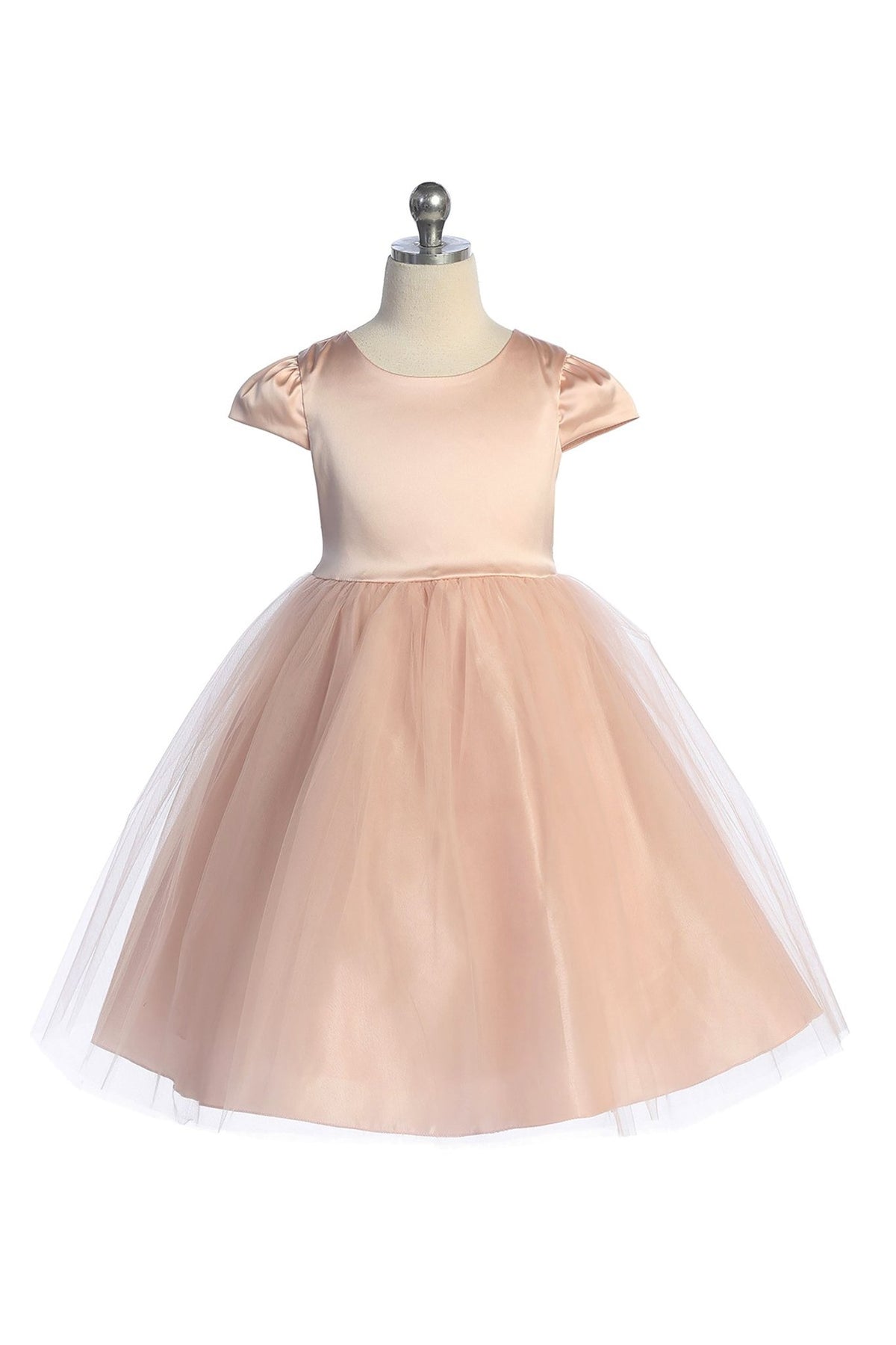 Satin Puff Sleeve and Tulle flower girl Dress with Attached Rhinestone Belt blush.