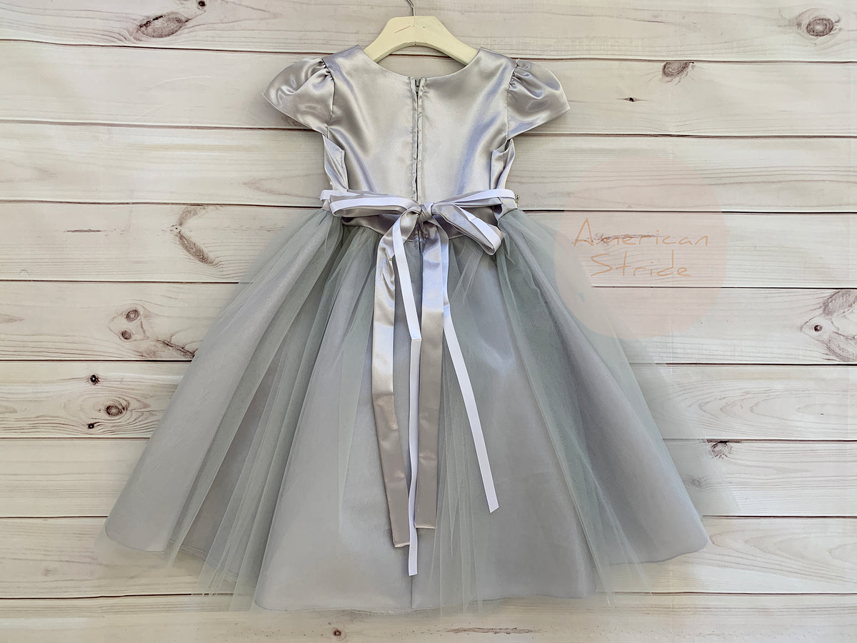 Front view of gray Satin Puff Sleeve and Tulle flower girl dress with Detachable Rhinestone Belt.