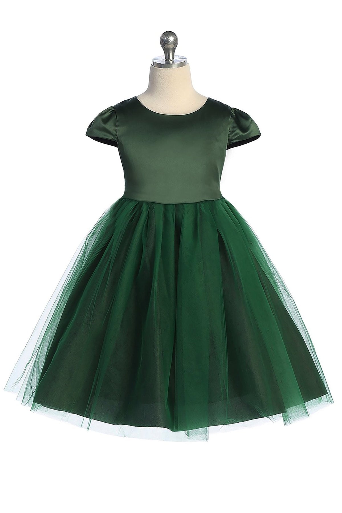 Satin Puff Sleeve and Tulle flower girl Dress with Attached Rhinestone Belt green.