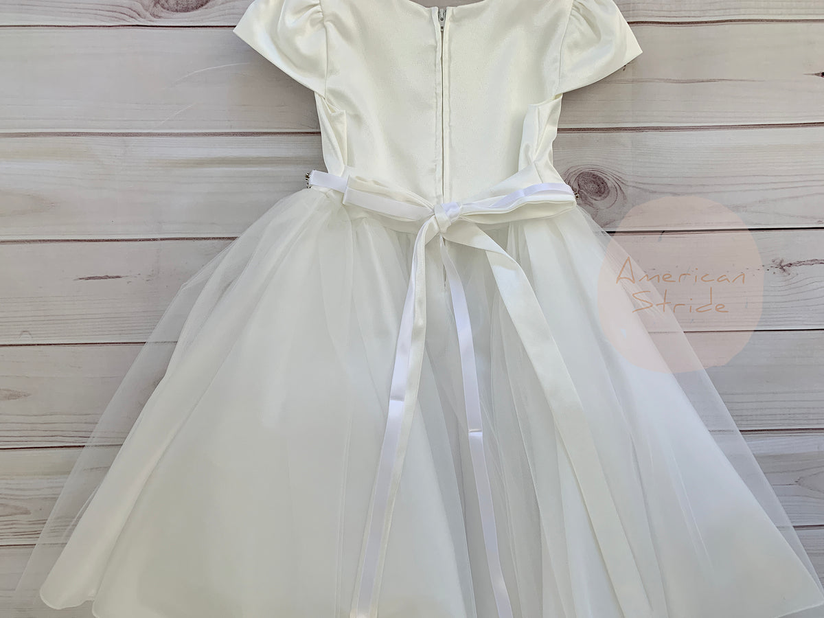 Front view of ivory Satin Puff Sleeve and Tulle flower girl dress with Detachable Rhinestone Belt.
