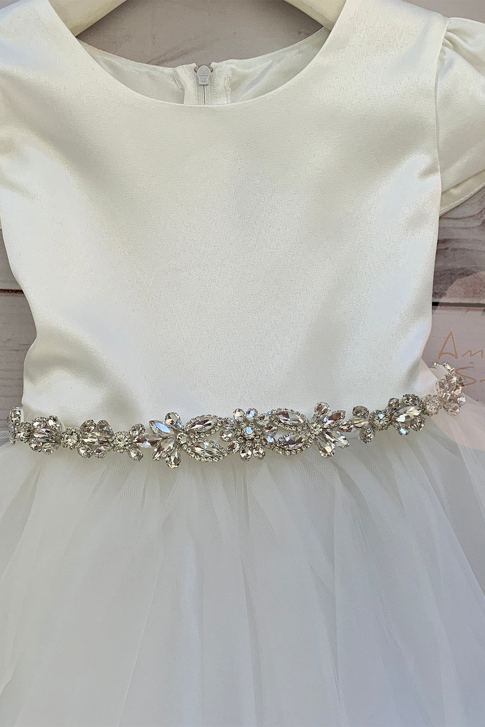 Front view of multi color Satin Puff Sleeve and Tulle flower girl dress with Detachable Rhinestone Belt.
