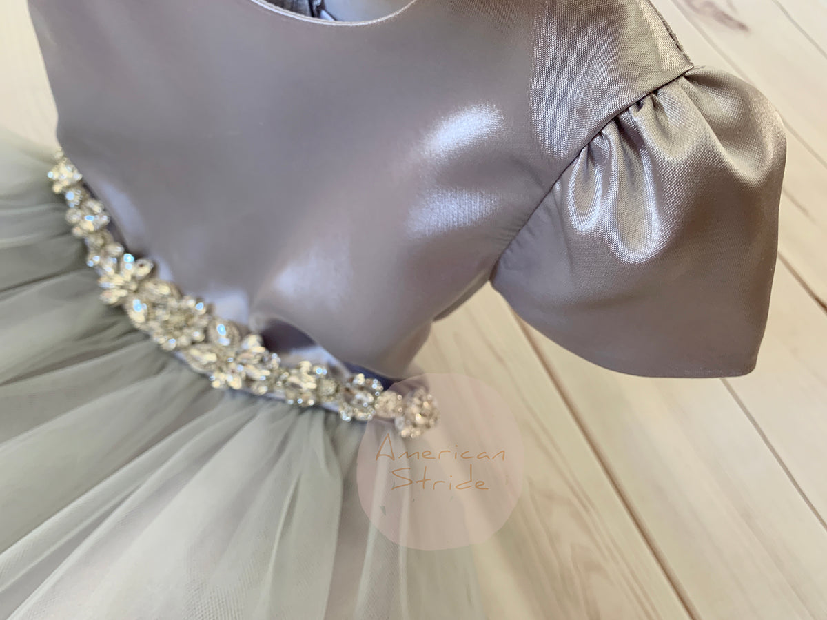 Front view of multi color Satin Puff Sleeve and Tulle flower girl dress with Detachable Rhinestone Belt.