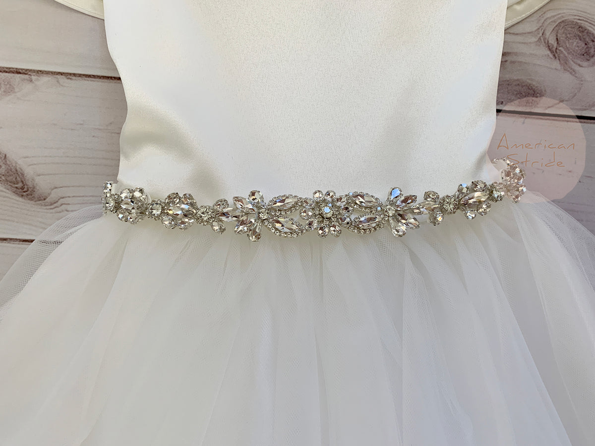 Close-up of multi color Satin Puff Sleeve and Tulle flower girl dress with Detachable Rhinestone Belt.