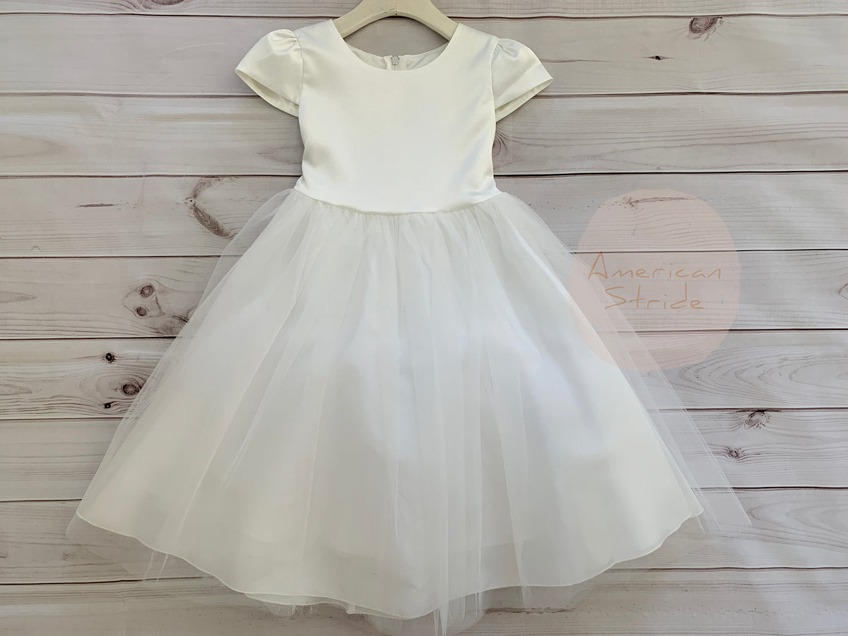 Satin Puff Sleeve and Tulle flower girl Dress with Attached Rhinestone Belt off white.