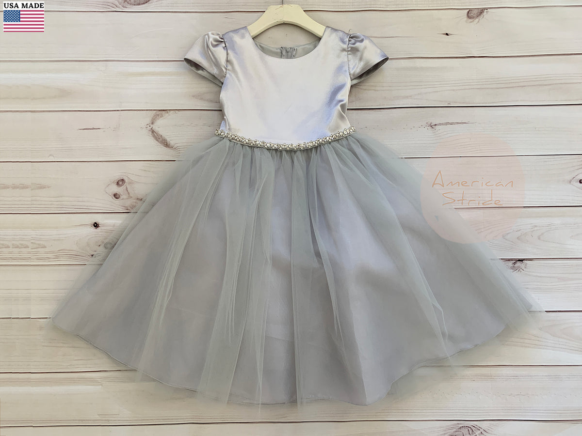 Satin Puff Sleeve and Tulle flower girl Dress with Attached Rhinestone Belt silver.