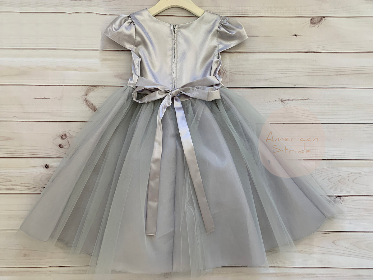 Satin Puff Sleeve and Tulle flower girl Dress with Attached Rhinestone Belt silver back.