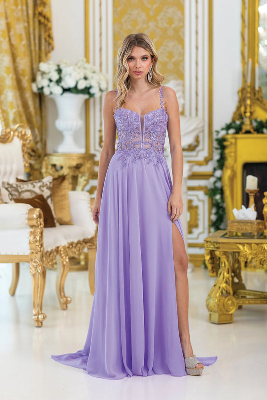 Featuring a floor-length skirt, this Lilac prom dress is shown in full view.